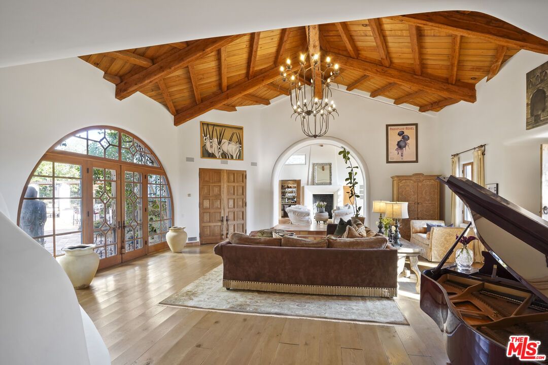 Chandelier, Fireplace, Interior, Living room, Piano, Wooden Beams, Wooden Ceilings, Wood Texture Flooring