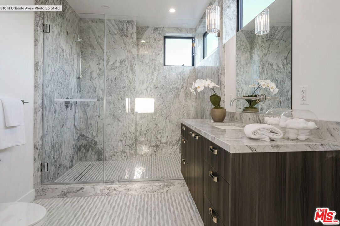 Bathroom, Glass Shower, Interior, Marble Walls, Recessed Lighting
