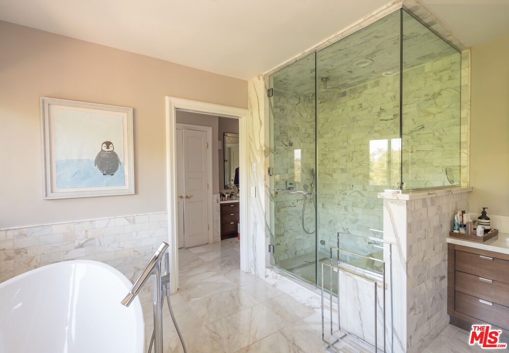 Bathroom, Free Standing Baths, Glass Shower, Interior, Marble, Marble Walls