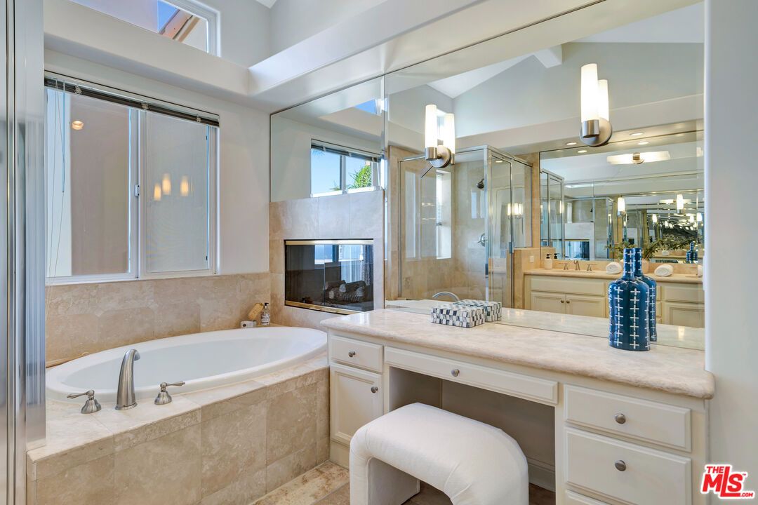 Bathroom, Fireplace, Glass Shower, Interior