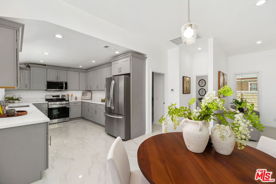 Interior, Kitchen, Marble, Pendant Lights, Recessed Lighting, Stainless Steel Appliances