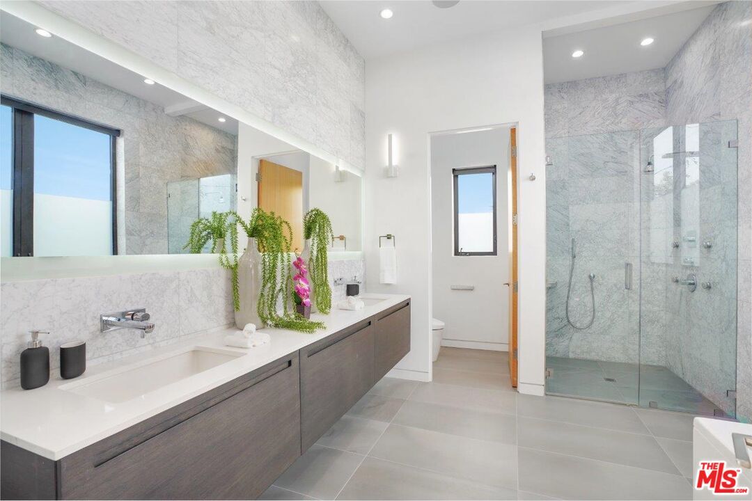 Bathroom, Dual Sink Vanities, Glass Shower, Interior, Marble Walls, Recessed Lighting