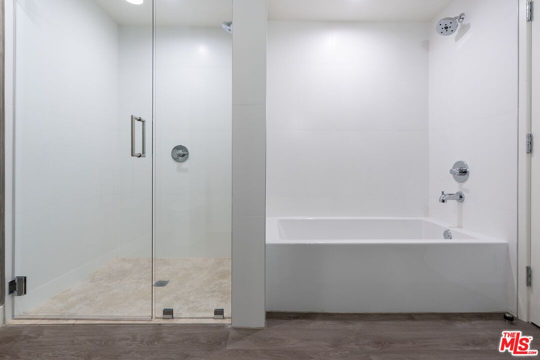 Bathroom, Glass Shower, Interior, Recessed Lighting, Wood Texture Flooring
