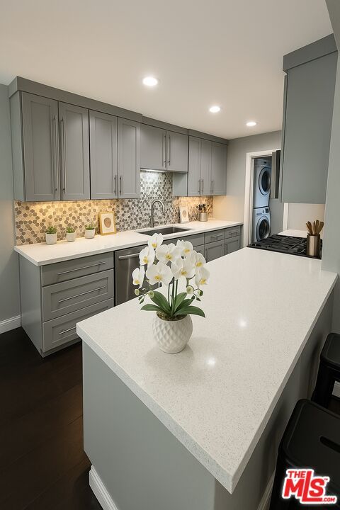 Interior, Kitchen, Recessed Lighting, Washer, Wood Texture Flooring