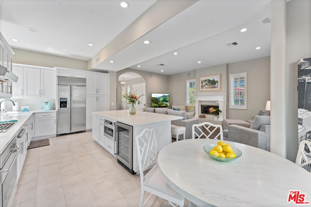Dining room, Fireplace, Interior, Kitchen, Living room, Recessed Lighting, Stainless Steel Appliances