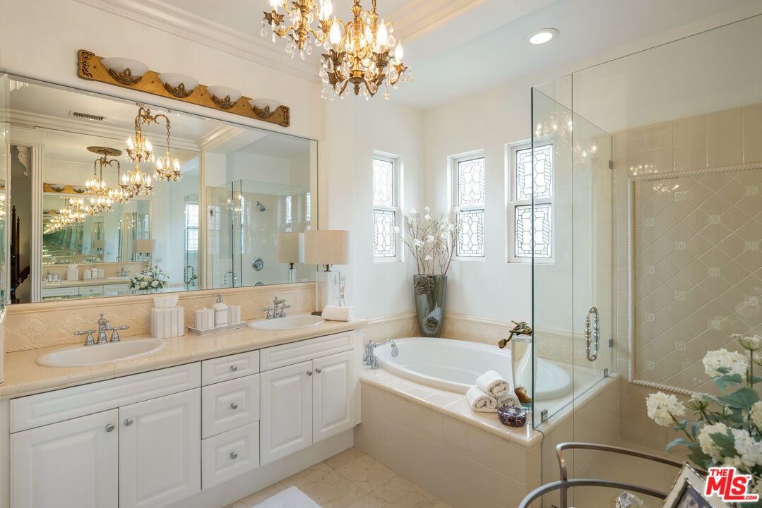 Bathroom, Chandelier, Dual Sink Vanities, Glass Shower, Interior, Recessed Lighting