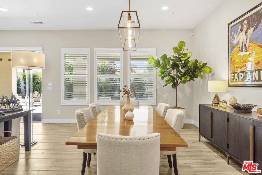 Dining room, Interior, Pendant Lights, Recessed Lighting, Wood Texture Flooring