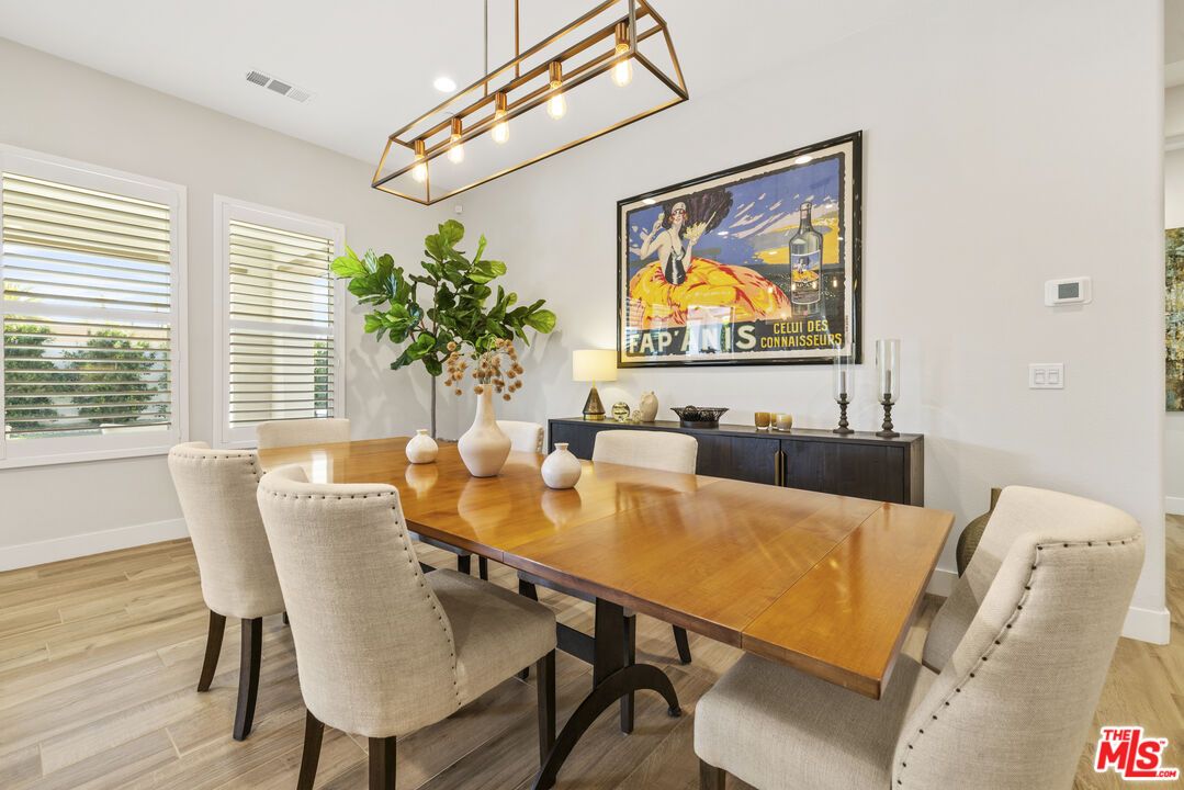 Dining room, Interior, Pendant Lights, Recessed Lighting, Wood Texture Flooring
