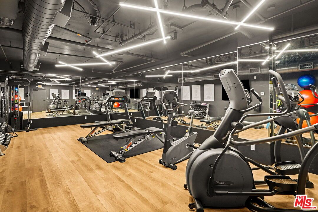 Fitness Equipment, Gym, Interior, Recessed Lighting, Wood Texture Flooring
