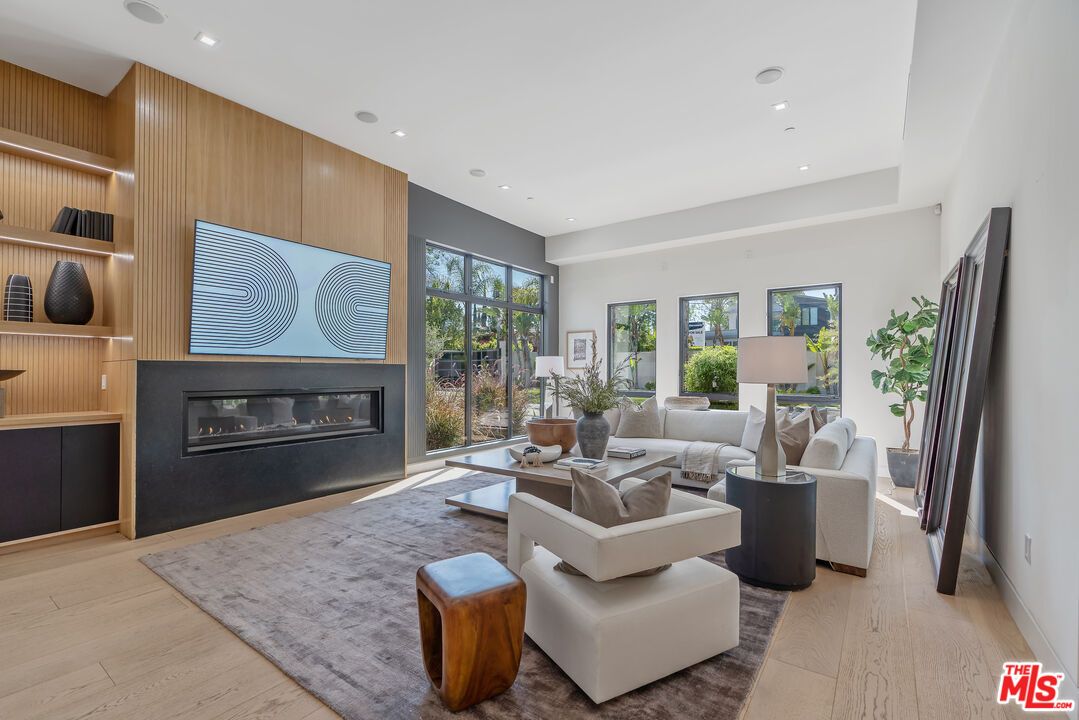 Fireplace, Interior, Living room, Recessed Lighting, Wood Texture Flooring, Wooden Walls