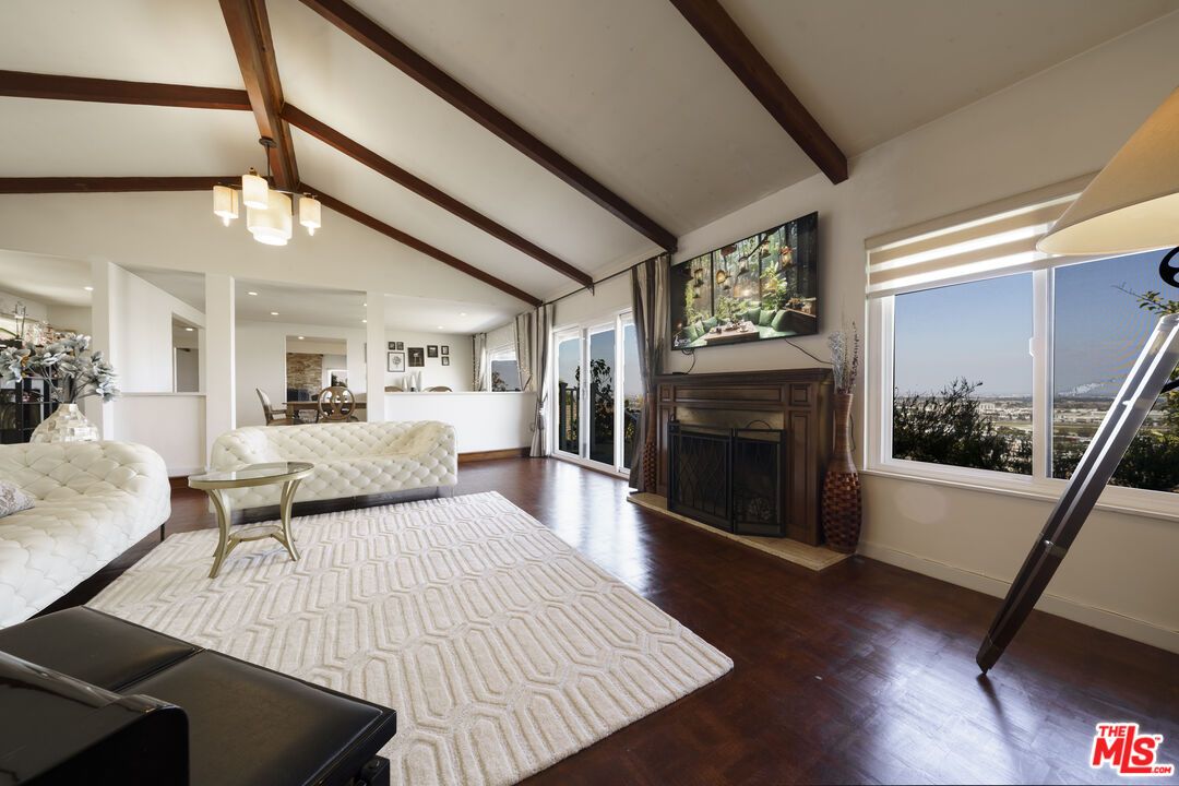 Fireplace, Interior, Living room, Recessed Lighting, Wooden Beams, Wood Texture Flooring