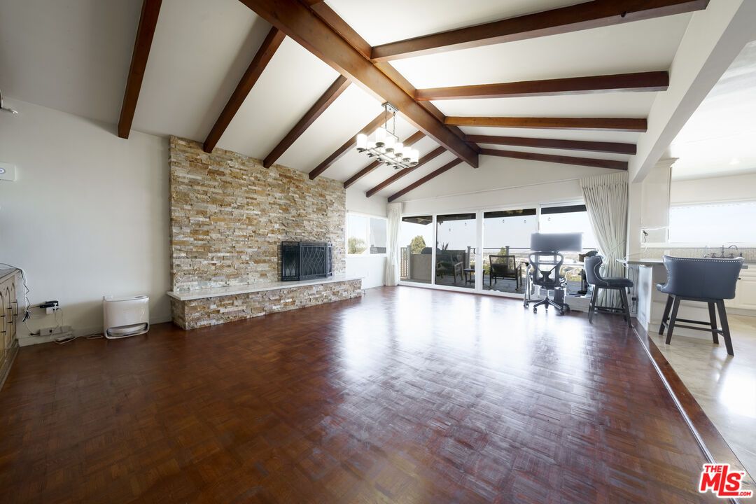 Chandelier, Fireplace, Interior, Stone Walls, Wooden Beams, Wood Texture Flooring