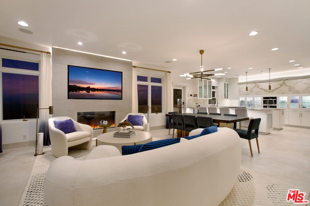 Dining room, Fireplace, Interior, Living room, Marble Walls, Pendant Lights, Recessed Lighting