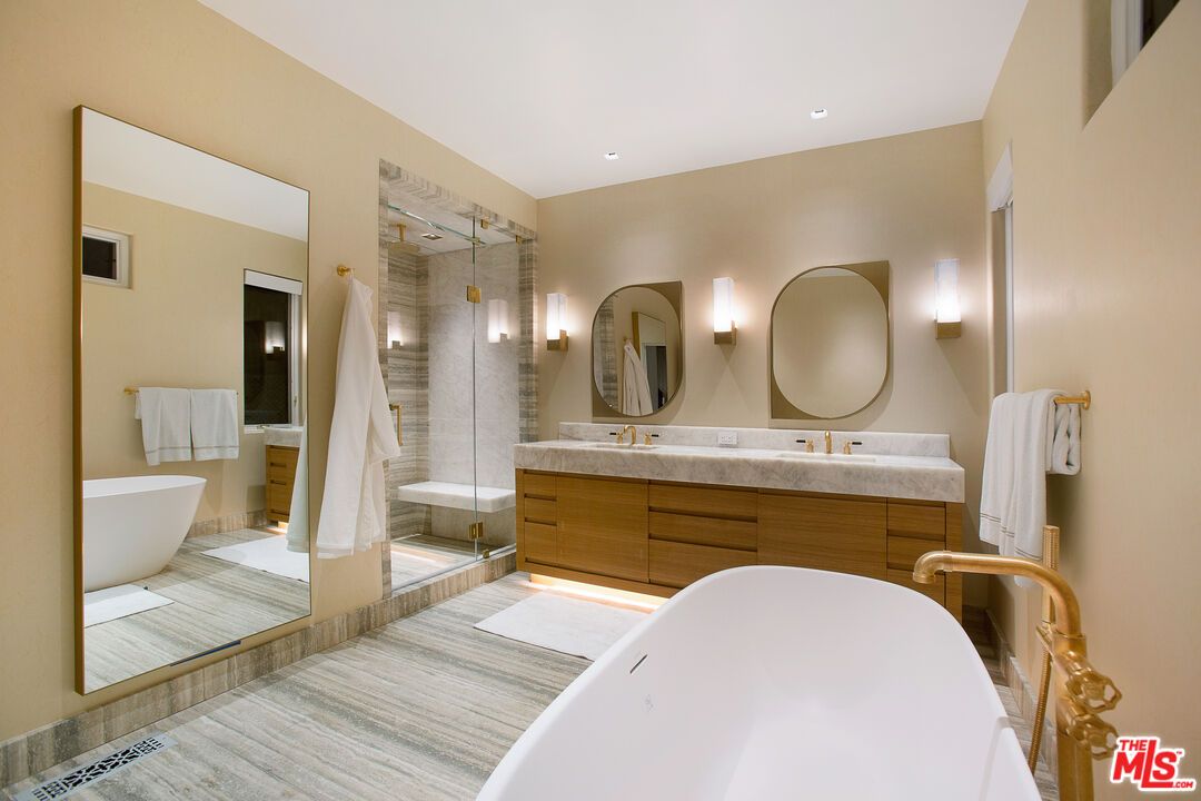 Bathroom, Dual Sink Vanities, Free Standing Baths, Glass Shower, Interior, Recessed Lighting, Wood Texture Flooring