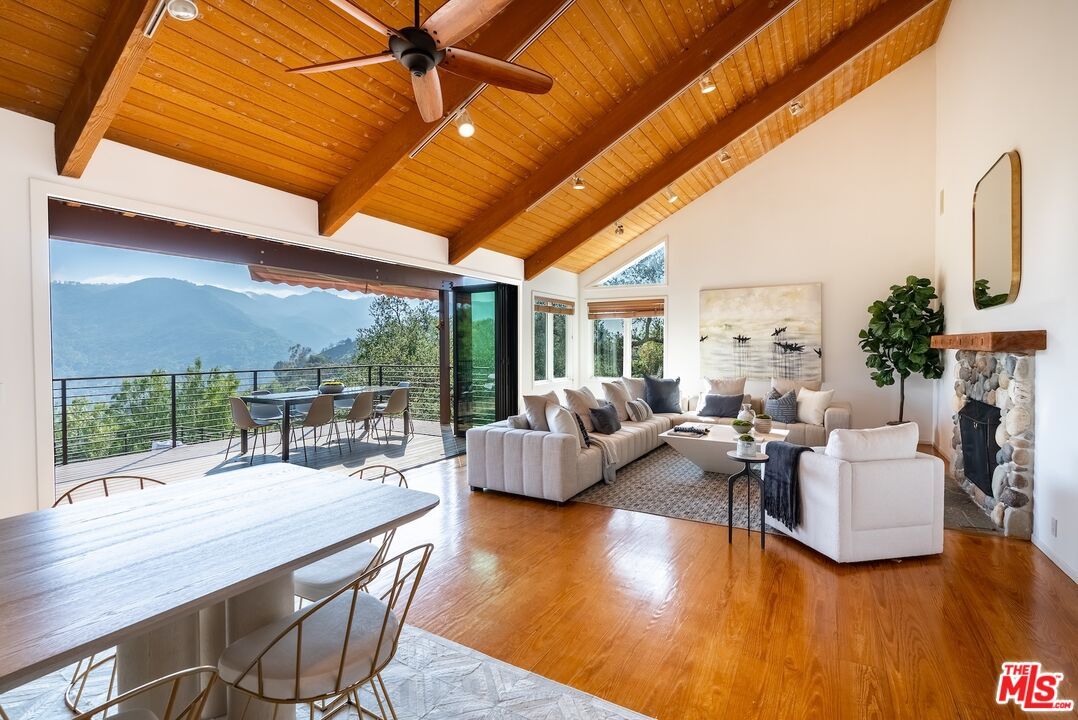 Dining room, Fireplace, Interior, Living room, Recessed Lighting, Wooden Beams, Wooden Ceilings, Wood Texture Flooring