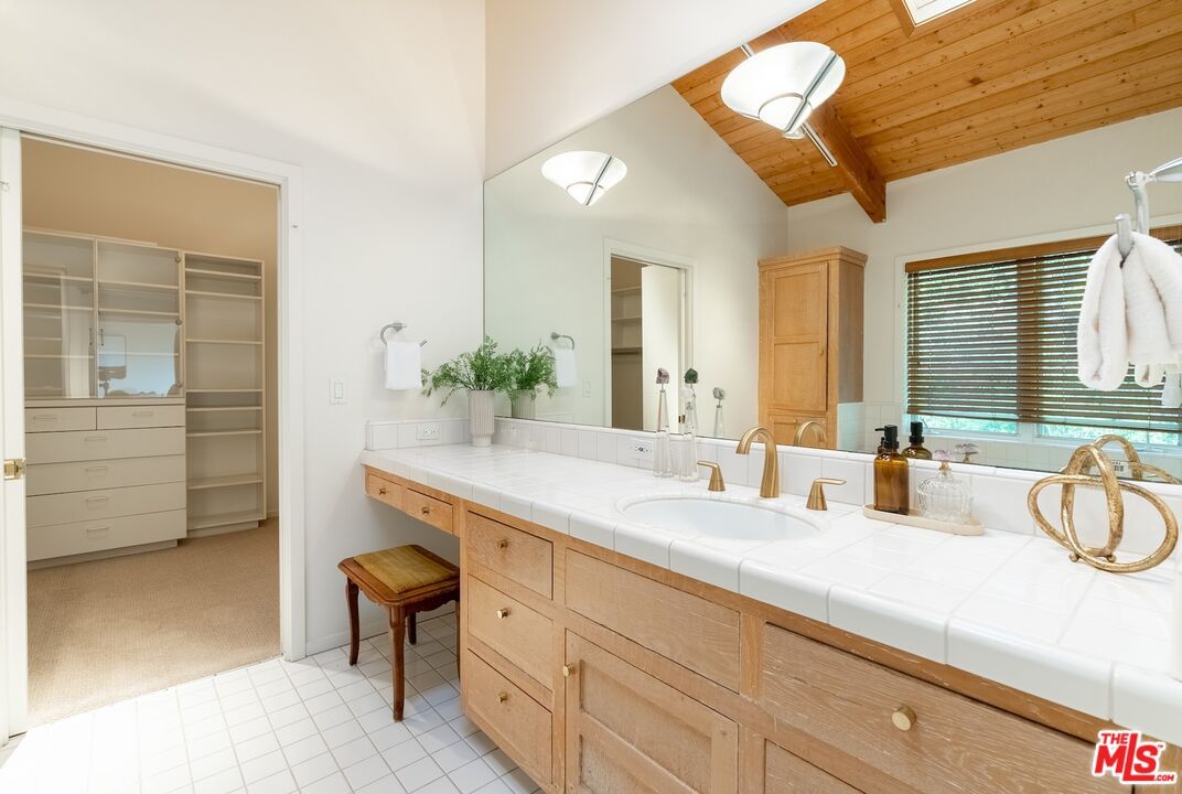 Bathroom, Dual Sink Vanities, Interior, Tile Countertops, Wooden Beams, Wooden Ceilings