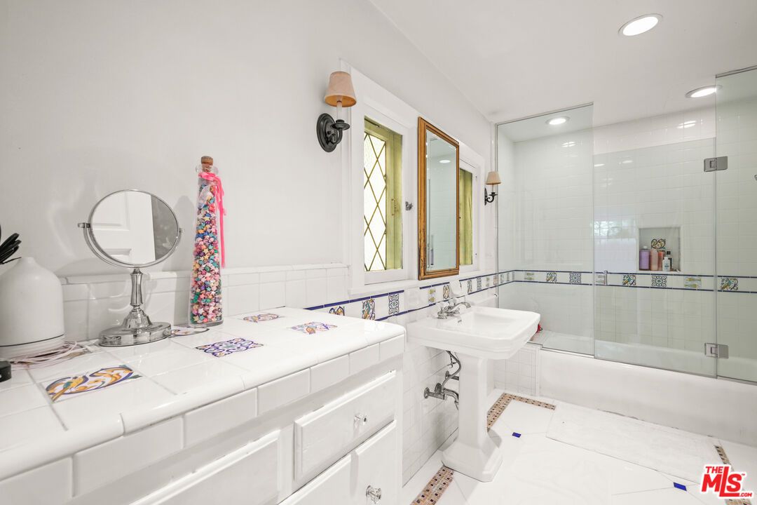 Bathroom, Glass Shower, Interior, Recessed Lighting, Tile Countertops