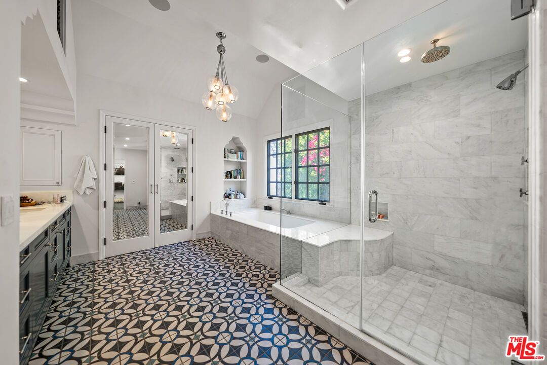 Bathroom, Glass Shower, Interior, Marble Walls, Pendant Lights, Recessed Lighting