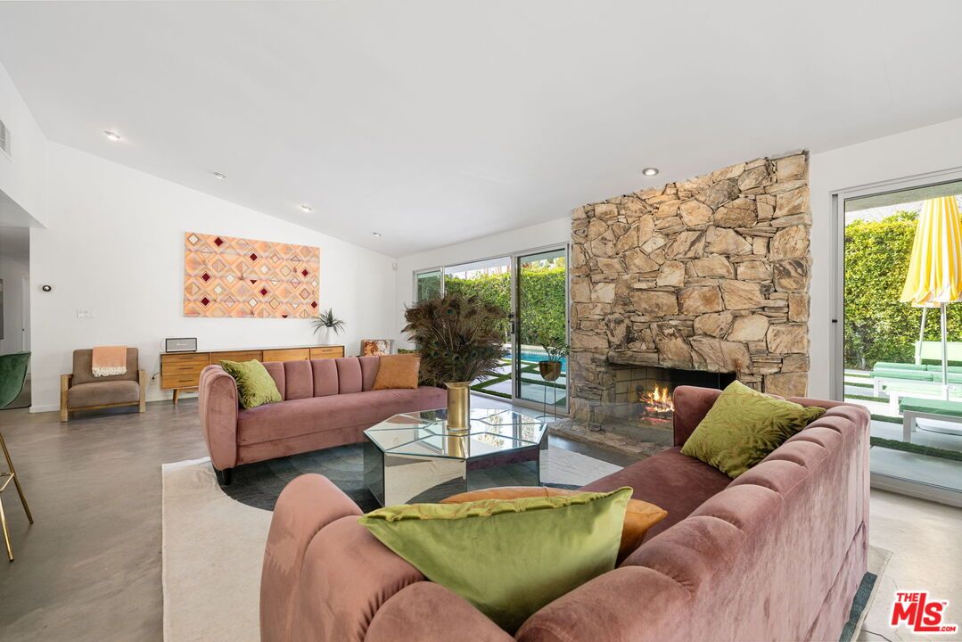 Fireplace, Interior, Living room, Recessed Lighting, Stone Walls