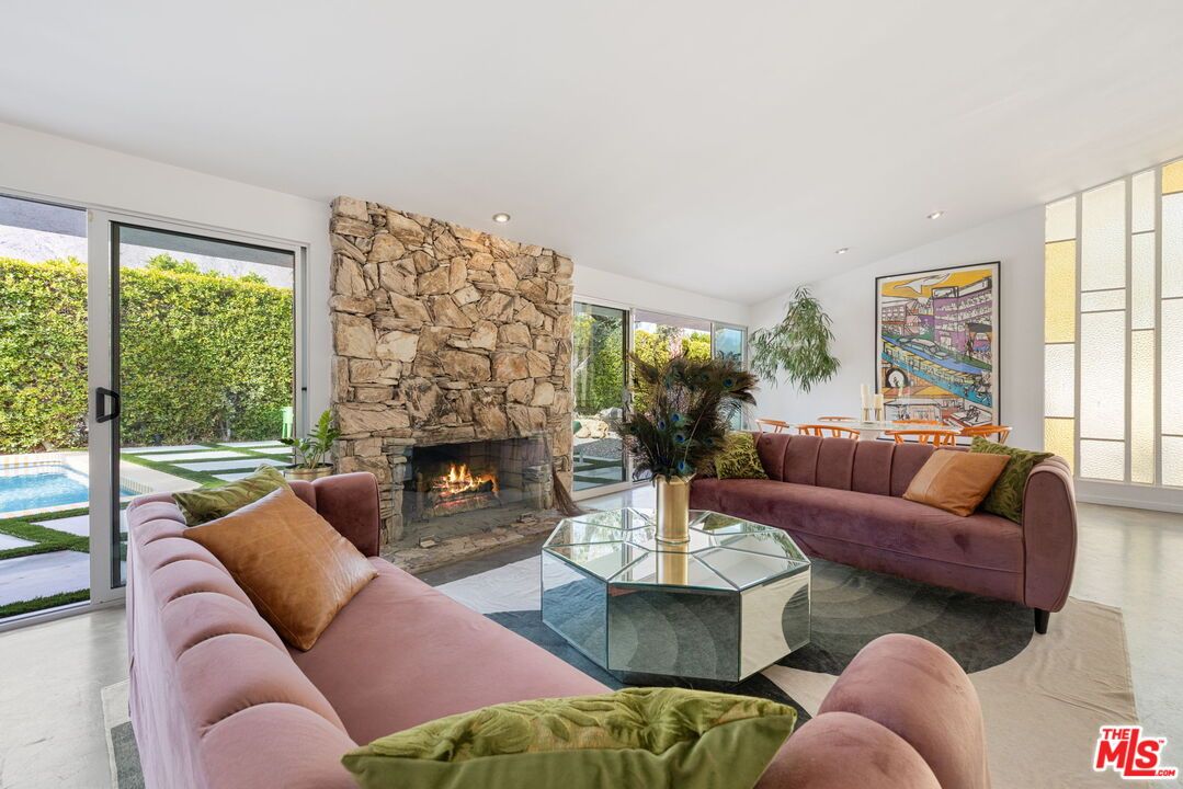 Fireplace, Interior, Living room, Recessed Lighting, Stone Walls