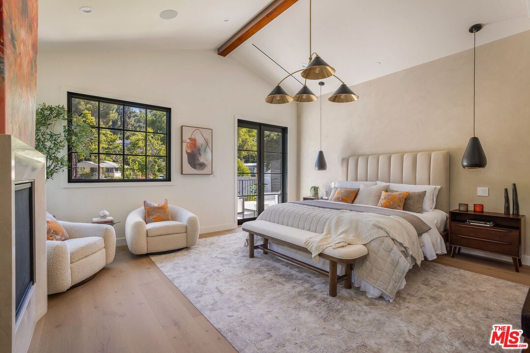 Bedroom, Interior, Pendant Lights, Recessed Lighting, Wooden Beams, Wood Texture Flooring