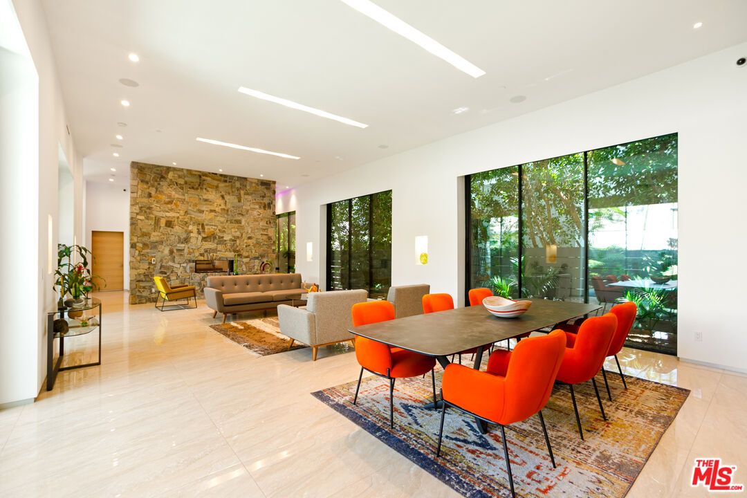 Dining room, Interior, Living room, Recessed Lighting, Stone Walls