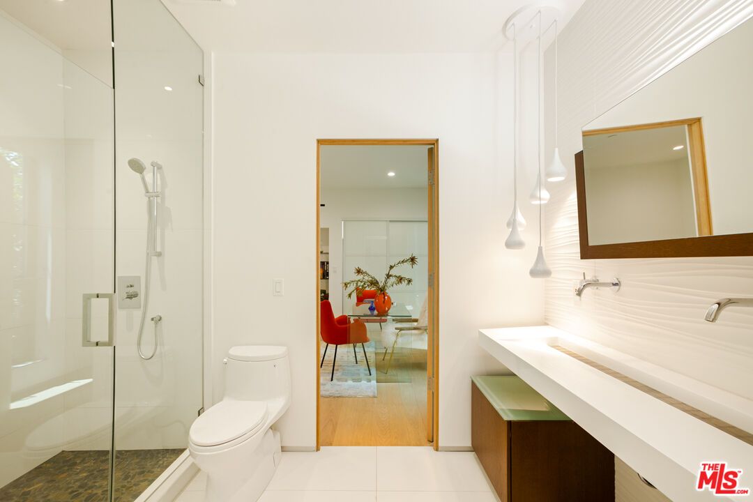 Bathroom, Glass Shower, Interior, Recessed Lighting, Wood Texture Flooring