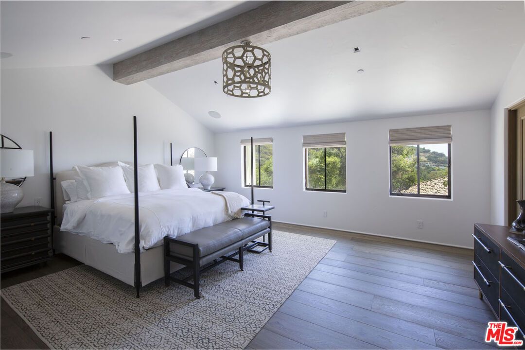 Bedroom, Interior, Pendant Lights, Recessed Lighting, Wooden Beams, Wood Texture Flooring