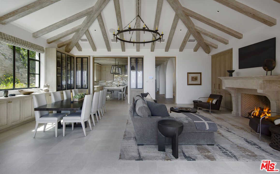 Chandelier, Dining room, Fireplace, Interior, Living room, Pendant Lights, Wooden Beams