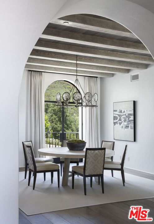 Chandelier, Dining room, Interior, Wooden Beams