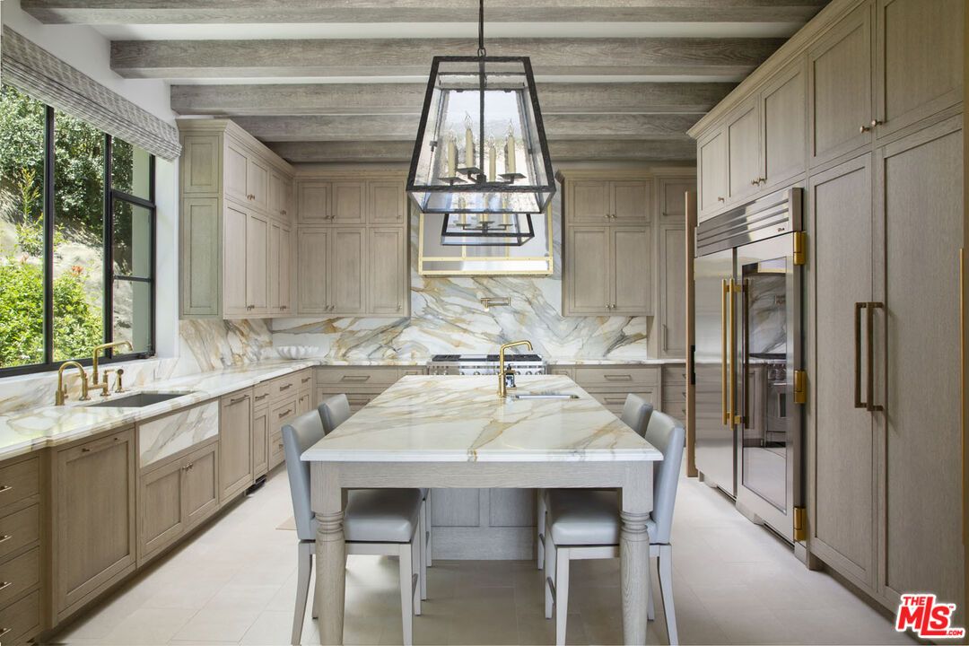Interior, Kitchen, Marble Walls, Pendant Lights, Stainless Steel Appliances, Wooden Beams