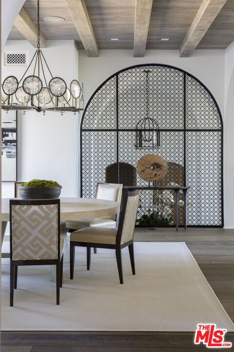 Dining room, Interior, Pendant Lights, Wooden Beams, Wooden Ceilings, Wood Texture Flooring