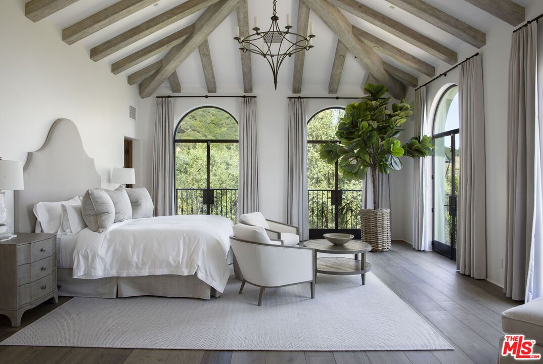 Bedroom, Chandelier, Interior, Wooden Beams, Wood Texture Flooring