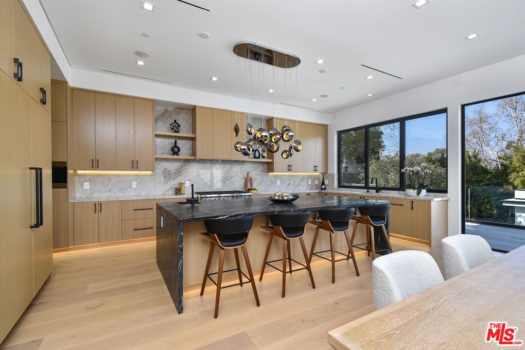 Interior, Kitchen, Marble Walls, Pendant Lights, Recessed Lighting, Wood Texture Flooring