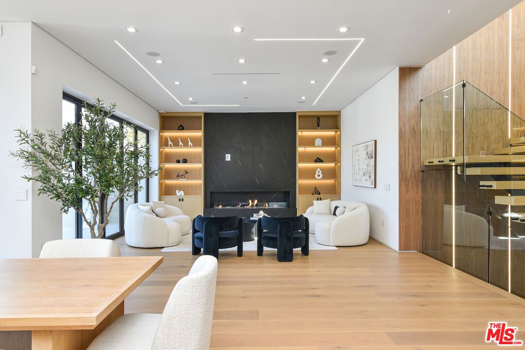 Fireplace, Interior, Living room, Recessed Lighting, Wood Texture Flooring