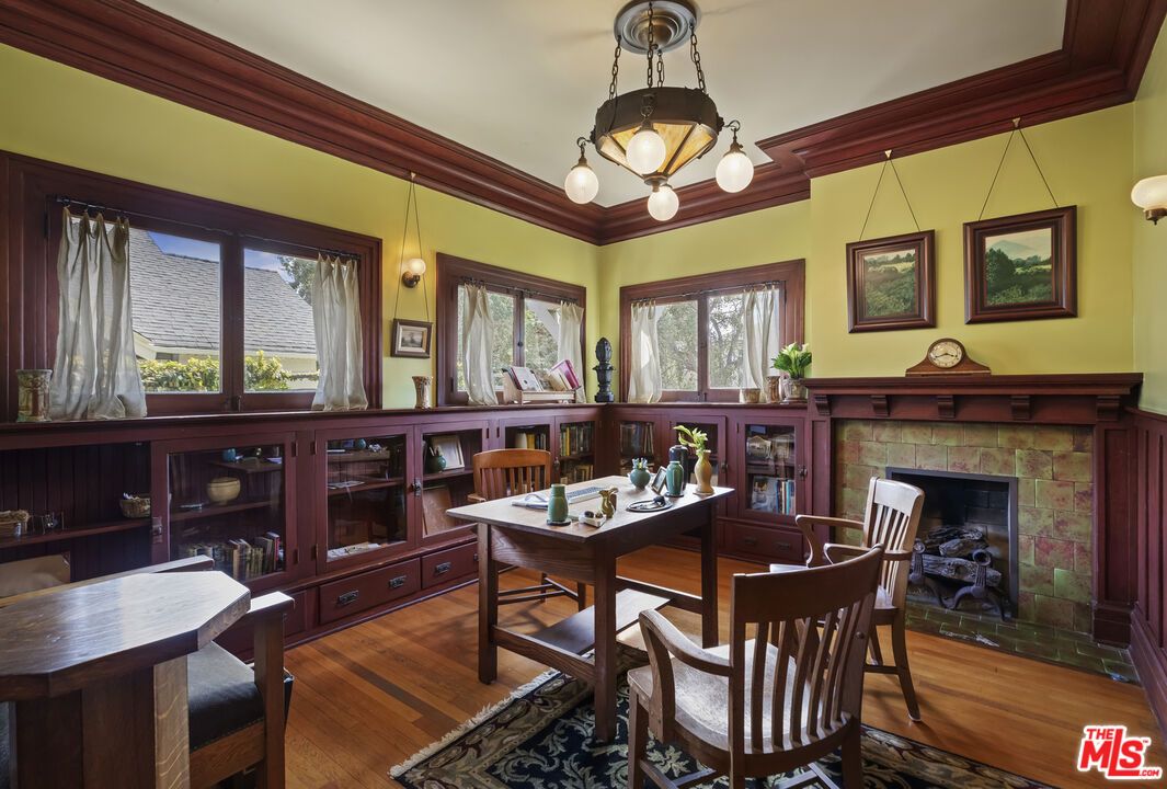 Fireplace, Home Office, Interior, Pendant Lights, Wood Texture Flooring