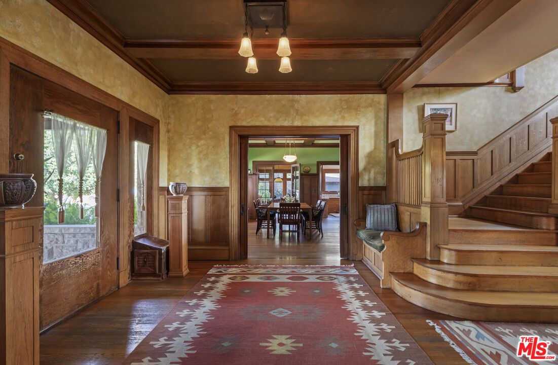 Chandelier, Dining room, Interior, Pendant Lights, Wooden Beams, Wood Texture Flooring