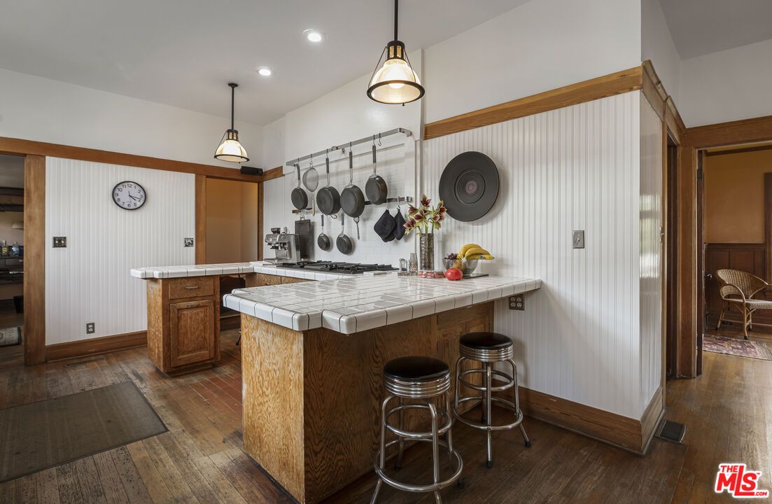 Interior, Kitchen, Pendant Lights, Recessed Lighting, Tile Countertops, Wood Texture Flooring