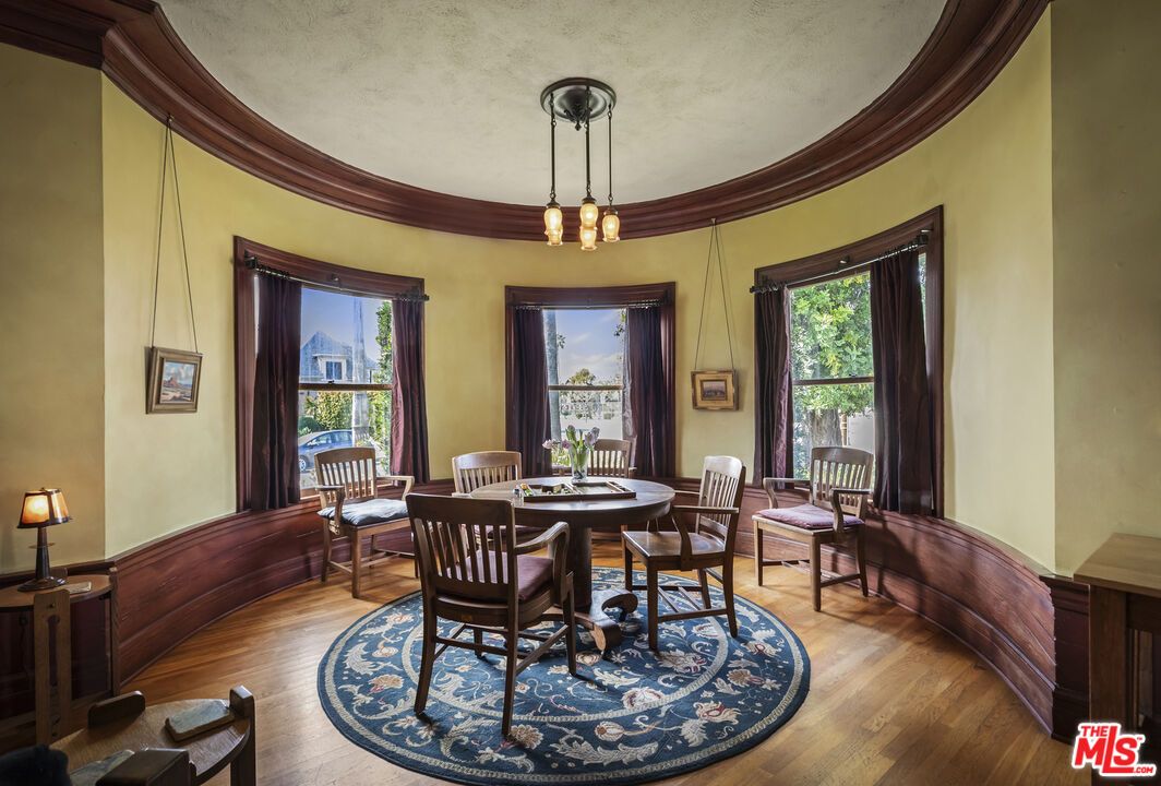 Dining room, Interior, Pendant Lights, Wood Texture Flooring
