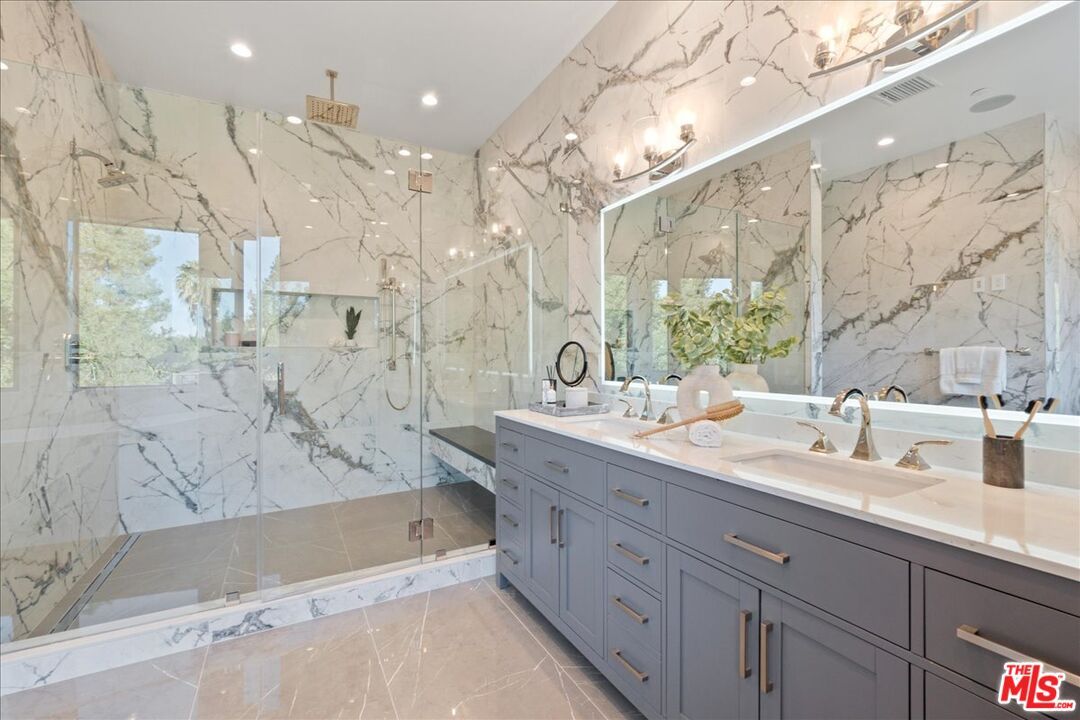 Bathroom, Dual Sink Vanities, Glass Shower, Interior, Marble Walls, Recessed Lighting