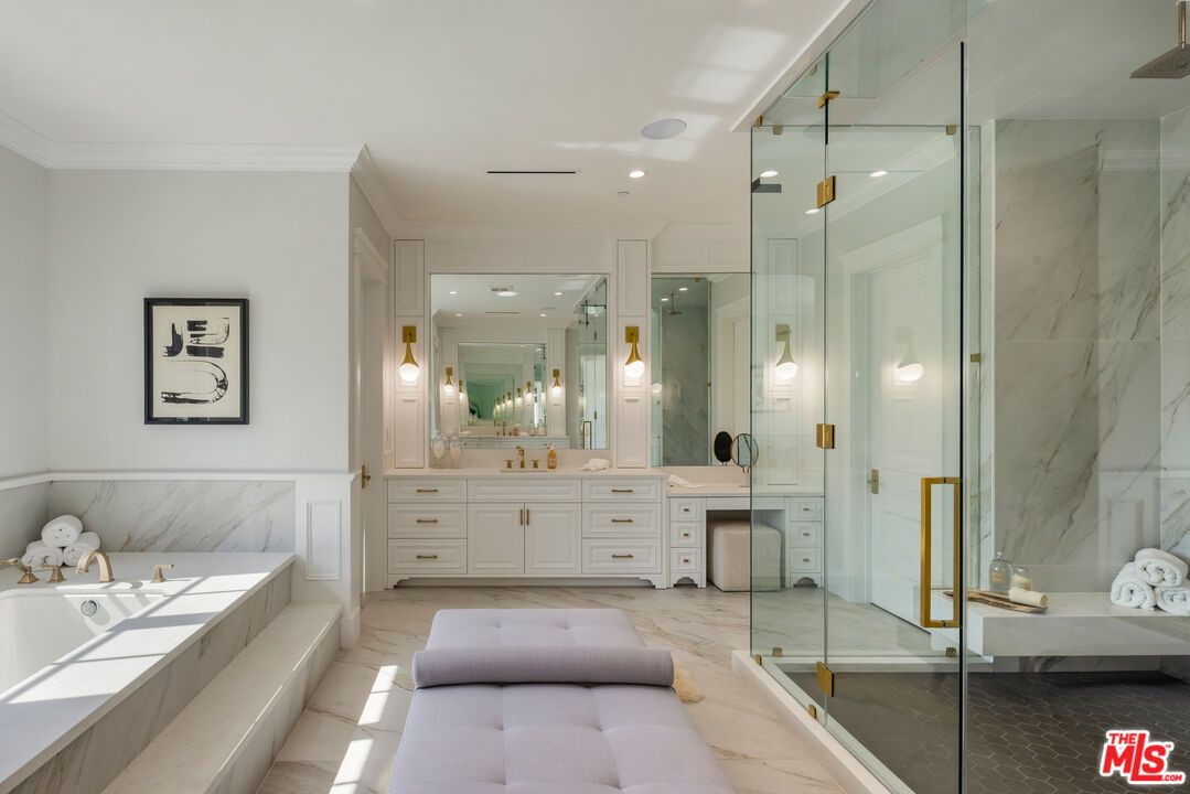 Bathroom, Dual Sink Vanities, Glass Shower, Interior, Marble Walls, Recessed Lighting