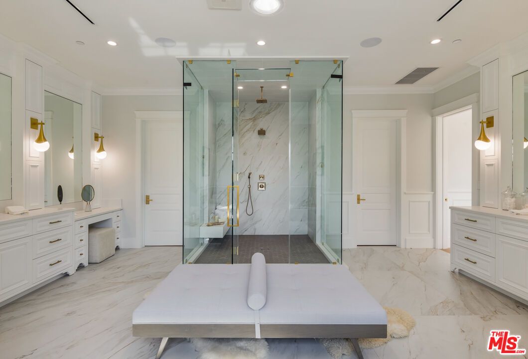 Bathroom, Glass Shower, Interior, Marble, Marble Walls, Recessed Lighting
