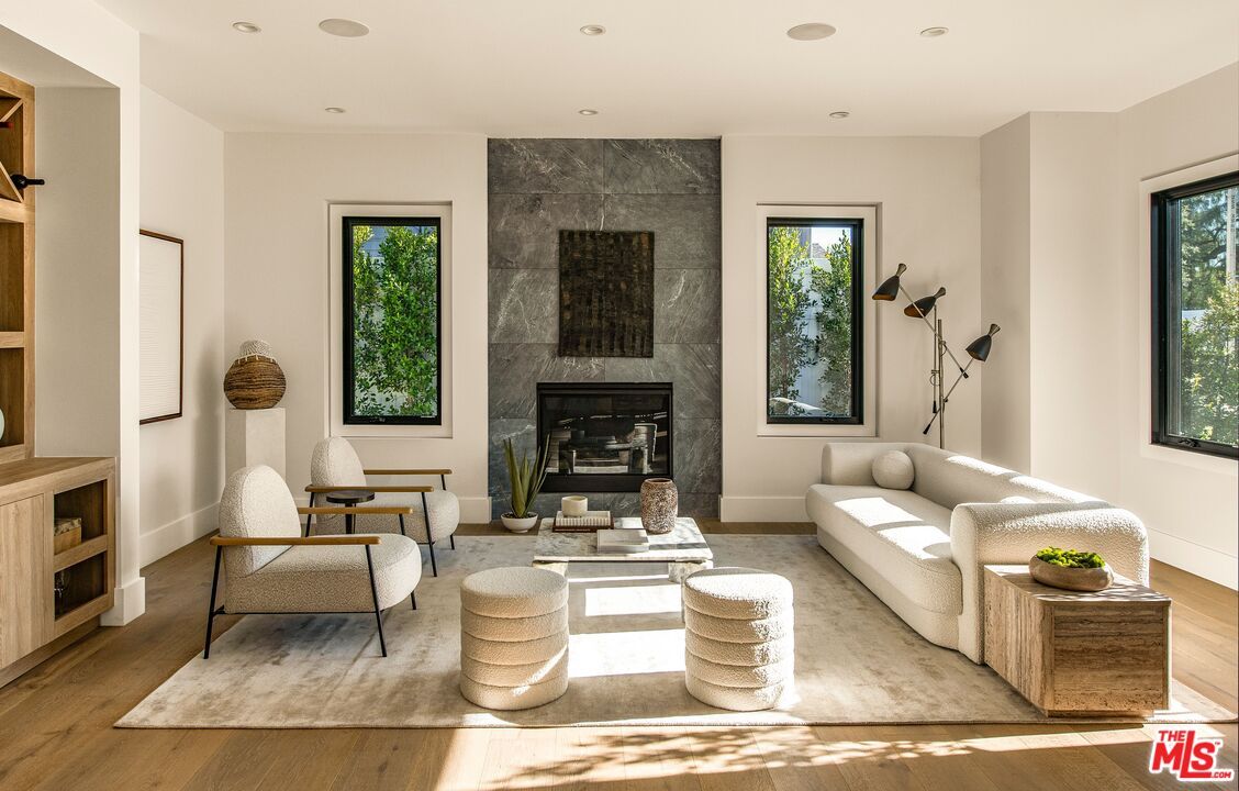 Fireplace, Interior, Living room, Recessed Lighting, Wood Texture Flooring