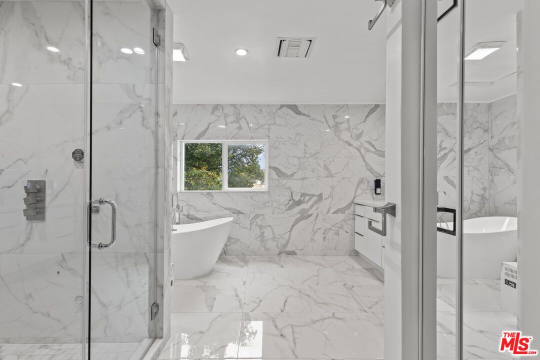Bathroom, Glass Shower, Interior, Marble, Marble Walls, Recessed Lighting