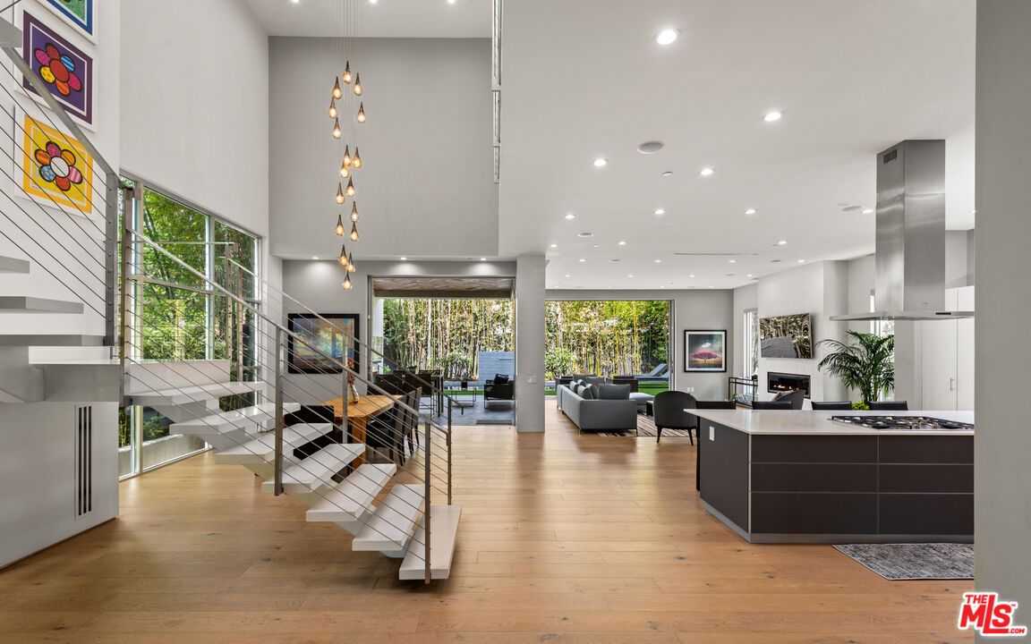 Fireplace, Interior, Living room, Pendant Lights, Recessed Lighting, Wood Texture Flooring