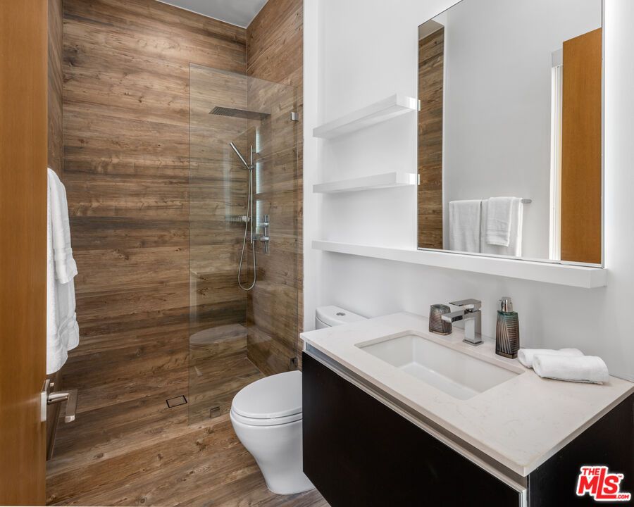 Bathroom, Glass Shower, Interior, Wood Texture Flooring, Wooden Walls