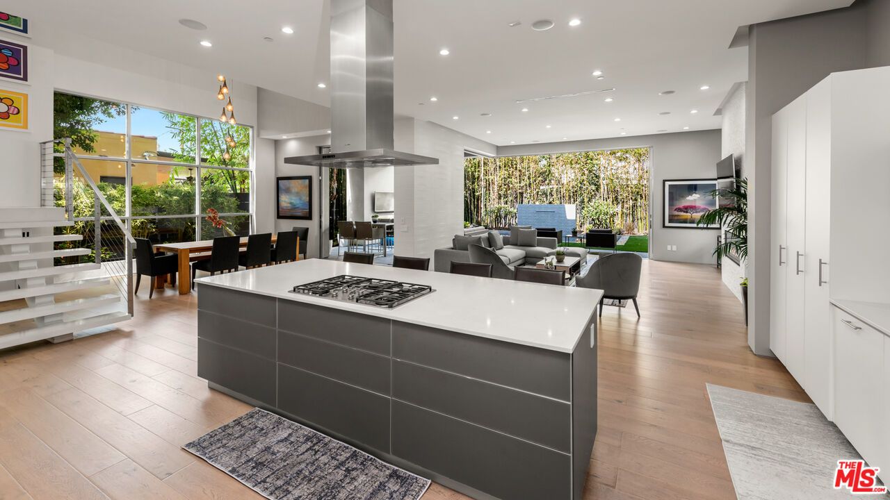 Dining room, Interior, Kitchen, Living room, Pendant Lights, Recessed Lighting, Stainless Steel Appliances, Wood Texture Flooring