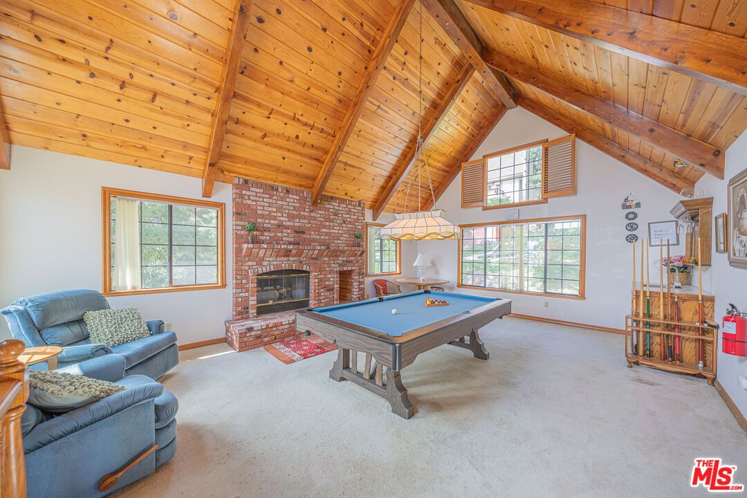 Billiard Table, Fireplace, Game Room, Interior, Living room, Stone Walls, Wooden Beams, Wooden Ceilings