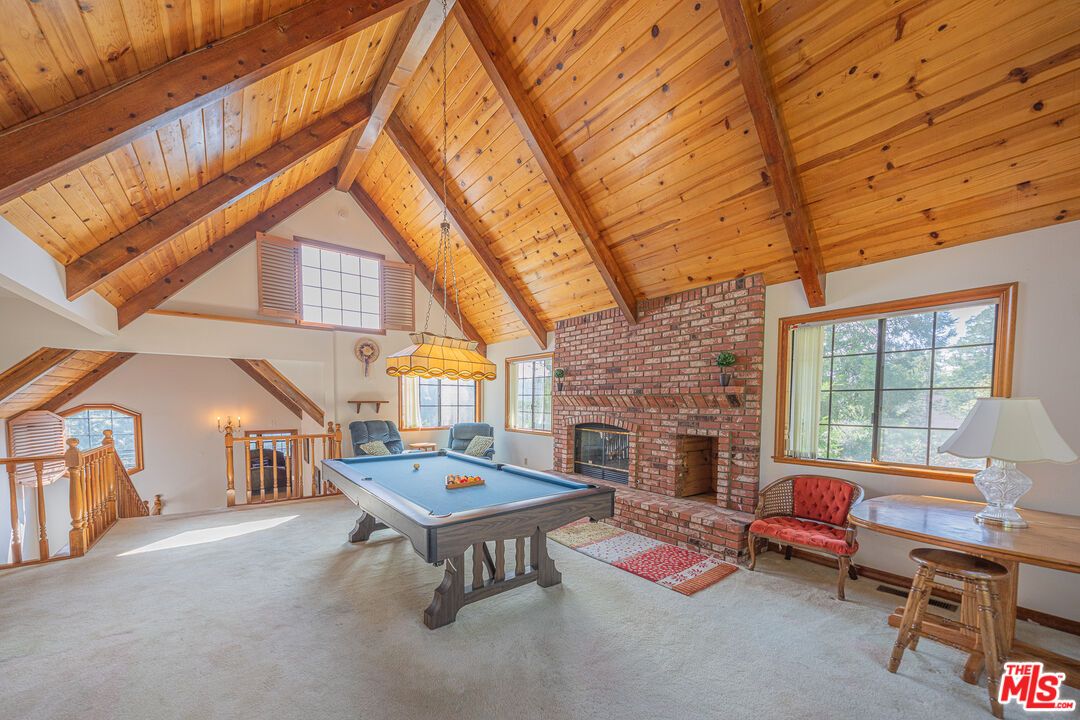 Billiard Table, Fireplace, Game Room, Interior, Stone Walls, Wooden Beams, Wooden Ceilings
