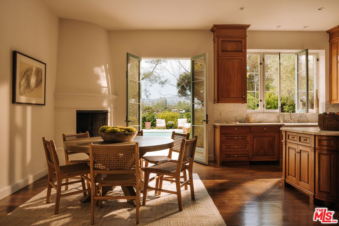 Dining room, Fireplace, Interior, Kitchen, Recessed Lighting, Wood Texture Flooring